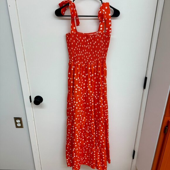 Goldstitch L Orange Polka Dot Boho Smocked Maxi Dress - Picture 8 of 8